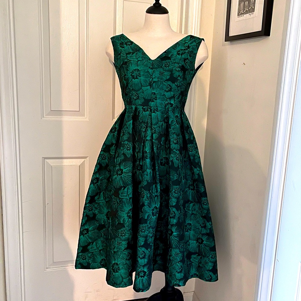 Emerald Green/Black Retro Cocktail Midi Dress Fit Flare Full Skirt 2/4 Holidays